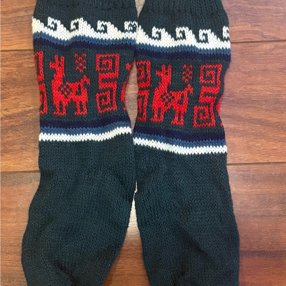 Cozy Hand-Knitted Bolivian Alpaca Wool Socks – Classic Navy with Red Llamas!